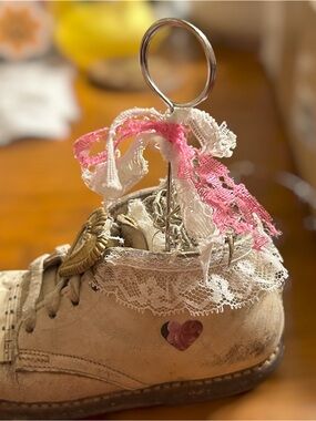 Handcrafted White Lace Shoe Ornament with Pink Accent